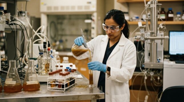 Scientist measuring biomass slurry beside flasks, fermenter, sample vials, and gas chromatography unit for biofuel research.