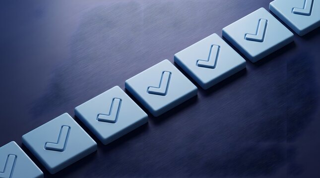 Diagonal row of 3d check boxes on dark metallic surface.