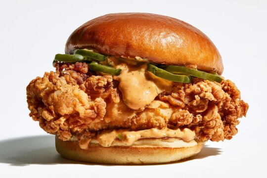Crispy fried chicken sandwich with mayonnaise sauce and fresh pickles