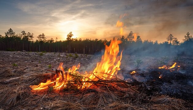 kleiner bodenbrand im trockenen wald als waldbrandbeginn