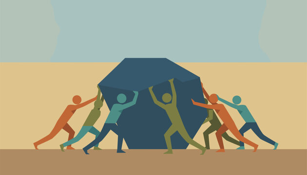 Diverse team of stylized people working together to push a large heavy blue polygonal stone across the ground.