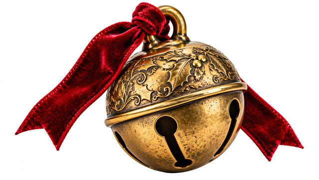 Vintage brass sleigh bell with red velvet ribbon, ornate gold Christmas jingle bell ornament, festive holiday tree decoration