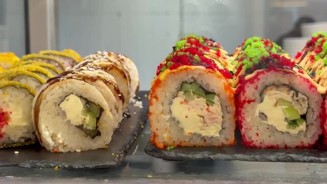 Various colorful sushi rolls, including California, Philadelphia, unagi eel rolls with tobiko caviar, served on black plates behind glass counter. Fresh Japanese food retail or restaurant display
