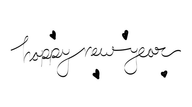 Happy new year text animation with handwritten lettering style and floating hearts video footage