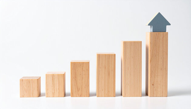 Minimalist wooden bar chart with progressively taller blocks, white background, business growth and financial progress concept. Close-up.