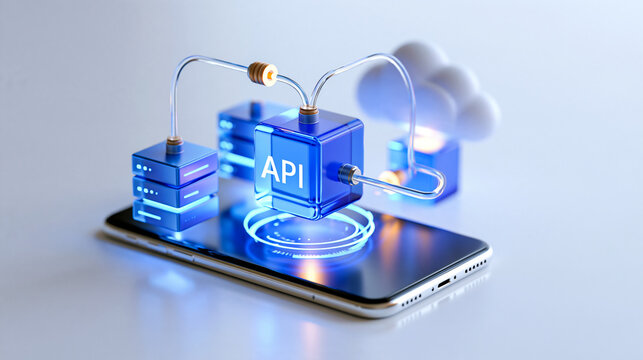 Clean 3d render of a smartphone connected by api connectors to server and cloud blocks on a white background impact of apis on mobile app development api mobile app development