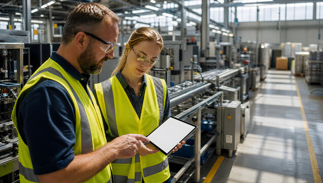 Two Factory Workers in High Visibility Vests and Safety Glasses Reviewing Blank Tablet Screen on Manufacturing Production Line