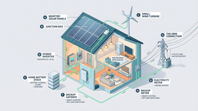 Isometric Illustration of Smart Home Energy System With Rooftop Solar Panels Small Wind Turbine Hybrid Inverter Battery Stack and Grid Connection