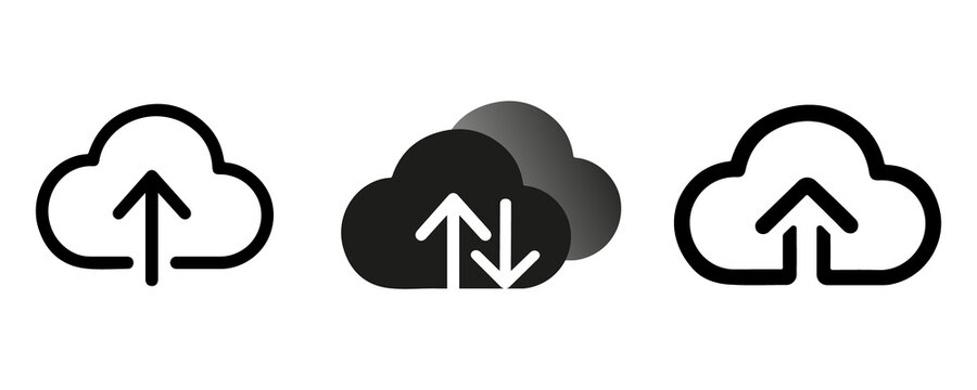 Cloud upload icons in flat and outline style for data storage sync and internet server.