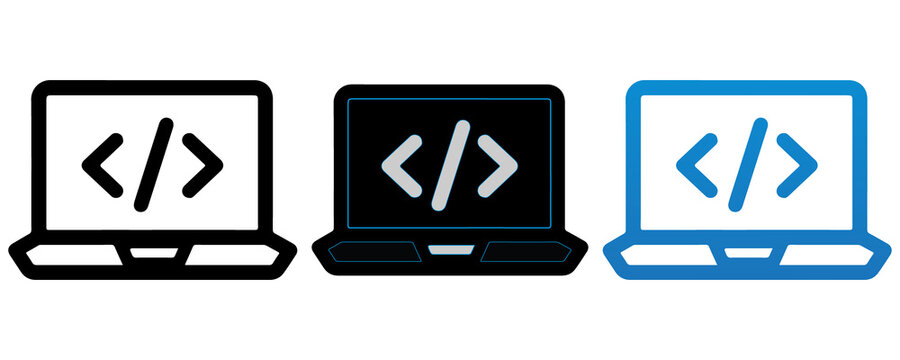 Laptop coding icons showing html slash brackets for software development and programming.
