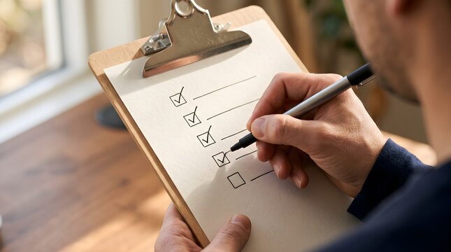 Person checking items off a list on clipboard with pen.