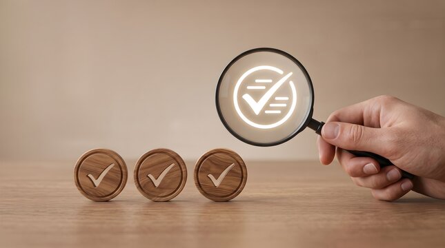 Magnifying glass inspecting white check mark icons board.