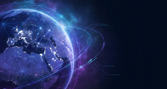 Global internet network concept with a glowing earth globe covered in a digital mesh and surrounded by orbital light rings on a dark background