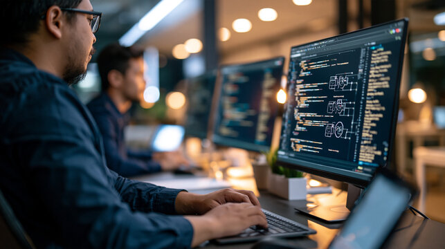 Rear view of two asian software developers working on multiple screens displaying code and application diagrams in a modern office faces out of frame asian software developers multiple