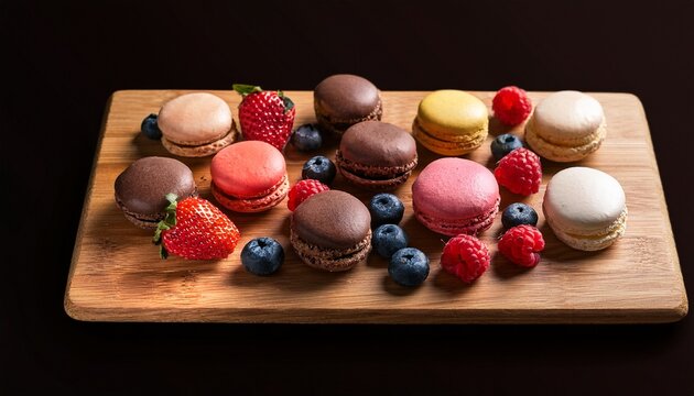 assorted macarons chocolates and berries arranged on wooden board