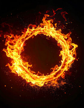 Luminous ring made entirely of swirling fire, bright yellow-hot core surrounded by rich orange and red flames, dynamic flame, energetic circular shape. Close-up.
