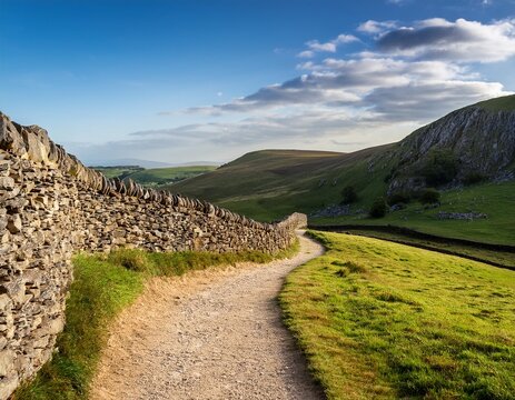 curving dry stone wall bordering rural path with rocky landscape background