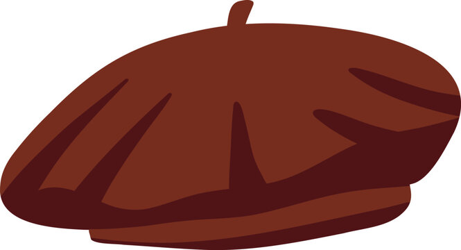 A flat vector illustration of a brown French beret hat with a small stem on top. Perfect for autumn fashion designs, French-themed graphics, and stylish clothing clipart