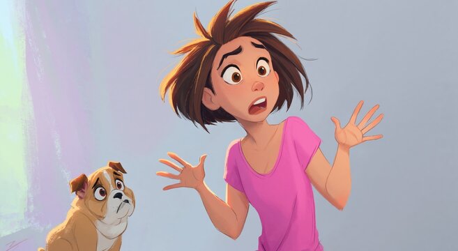 Surprised cartoon girl with raised hands and startled puppy on pastel backdrop. Digital illustration of shocked child and guilty-looking dog. Fear, mischief and surprise concept.