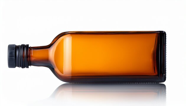 a closed empty rectangular amber glass bottle with black plastic cap on an isolated background