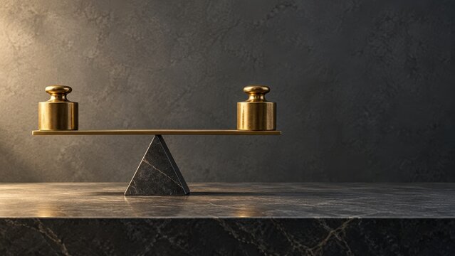 two brass weights balance on beam over triangular stone fulcrum against dark wall. equilibrium concept, banner and website header with copy space.