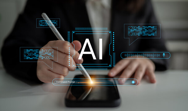 A professional individual engages with a smartphone while exploring artificial intelligence concepts, showcasing digital interaction and modern technology applications in business. Cyphers