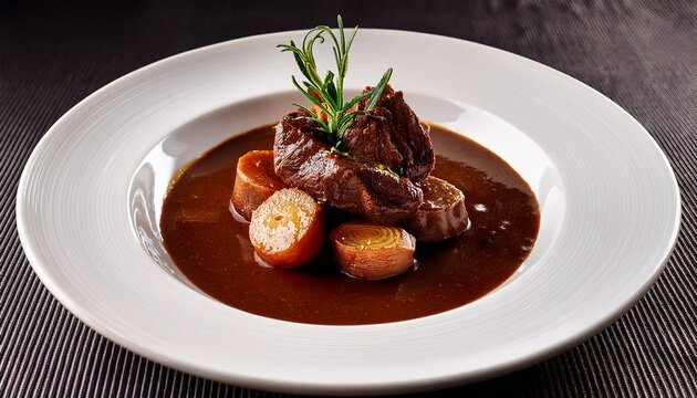 delicious braised beef dish served on a white plate with sauce