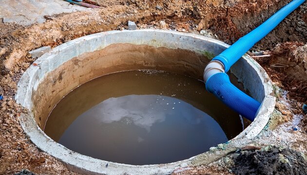 problematic open concrete drain pit with dirty water during messy house renovation damaged septic system or plumbing awaiting repair underground with blue pvc pipe