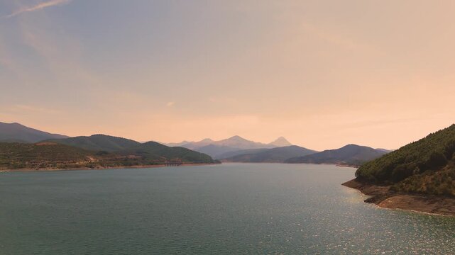 Ria&ntilde;o Reservoir Surrounded by Mountains at Sunset in Le&oacute;n, Spain