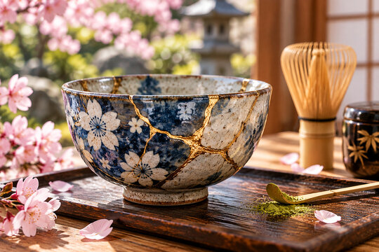 Japanische Kintsugi Keramikschale mit goldenen Reparaturlinien und Kirschbl&uuml;ten