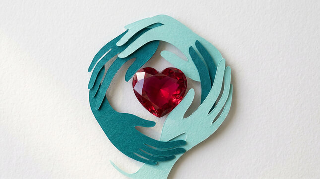 Layered paper hands in teal shades encircle a faceted red heart, symbolizing care, protection, and love, ideal for Valentine's Day.