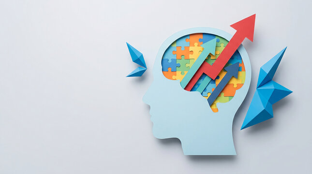 Paper cut head profile with colorful puzzle pieces and ascending arrows, symbolizing innovation, growth, and ideas, with origami elements