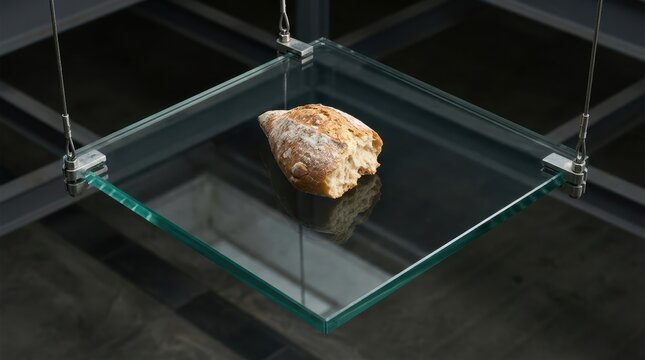 A single piece of crusty artisan bread resting on a suspended transparent glass display shelf