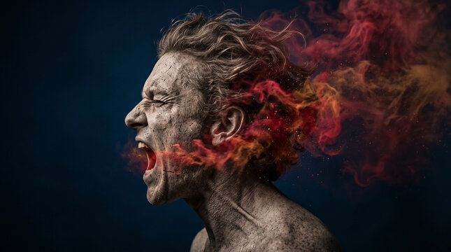 Profile of a man's head, cracking like stone, with fiery smoke erupting, symbolizing intense emotion, anger, or stress, abstract art.