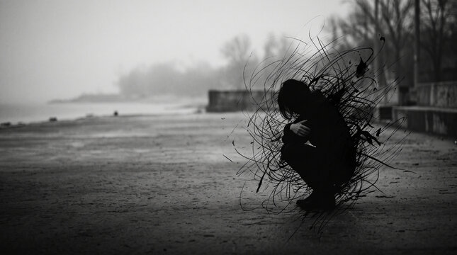 Figure crouched in monochrome, surrounded by dark, abstract brush strokes, symbolizing solitude, inner turmoil, or despair, evocative of psychological states