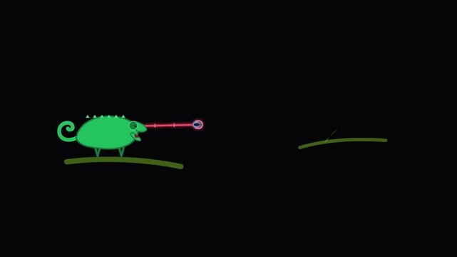 Cute green cartoon chameleon sticking out its tongue against a dark background