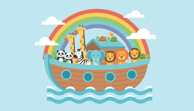 Cute cartoon animals aboard Noah's Ark floating on waves under a colorful rainbow