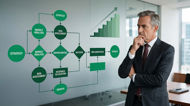 A businessman contemplates a flowchart illustrating strategy, market analysis, and growth, symbolizing strategic planning and business development.