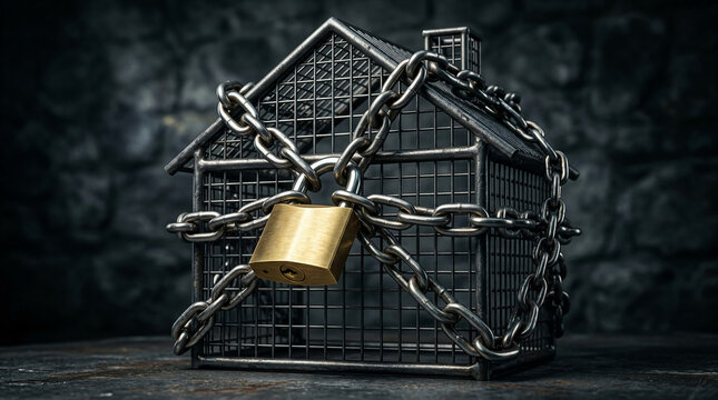 Metal cage house secured with thick chain and padlock, symbolizing restricted access, security, or confinement for property concepts