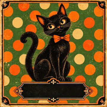 Vintage Halloween card featuring an adorable black cat wearing orange bow tie sitting on a green polka dot pattern background.