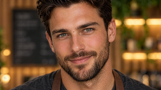 Close up portrait of a handsome smiling male barista looking at camera in coffee shop