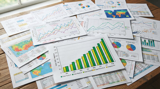Spread of business charts and graphs on a wooden table, showcasing market trends and data analysis, representing strategy and progress