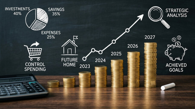 Financial graph on chalkboard with coins, calculator, and charts, representing strategic analysis and goal achievement