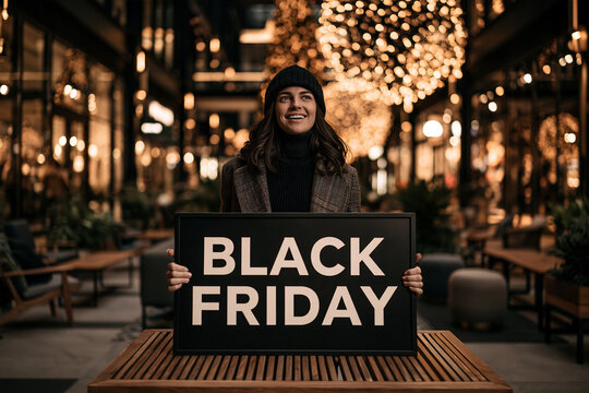 Uśmiechnięta kobieta w czarnej czapce trzyma przed sobą czarną tabliczkę z białym napisem BLACK FRIDAY, stojąc na tle wieczornej, rozświetlonej ciepłym światłem ulicy handlowej.   
