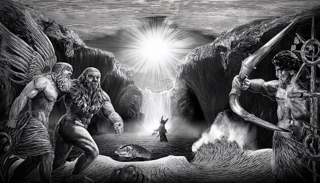 black and white of mythological scenes from odyssey cyclops cave and scylla charybdis mythology