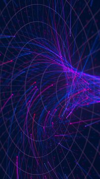 Abstract neon line flow of data in a cyber wormhole. Quantum computing technology and an information vortex. Digital singularity. Vertical Video.
