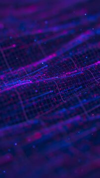 Neon line flow carrying big data at light speed. Abstract digital data stream of quantum computing. Cyberspace of qubit trail waves. Modern technology data transmission. Vertical Video.