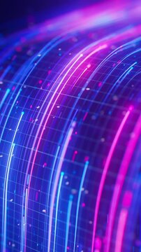 Closeup of neon line flow carrying big data at light speed. Abstract digital data stream of quantum computing. Cyberspace of qubit trail waves. Modern technology data transmission. Vertical Video.
