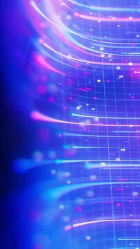 Closeup of upward neon line flow carrying big data at light speed. Digital data stream for quantum computing. Cyberspace of qubit trail waves. Modern technology data transmission. Vertical Video.