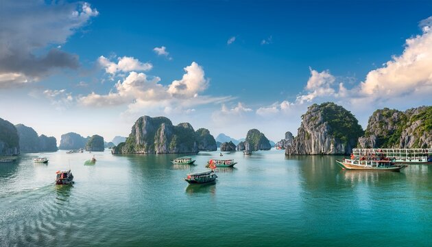 ha long bay halong bay world heritage site limestone islands emerald waters with boats in qu ng ninh province vietnam travel destination natural wonder landscape background wallpaper